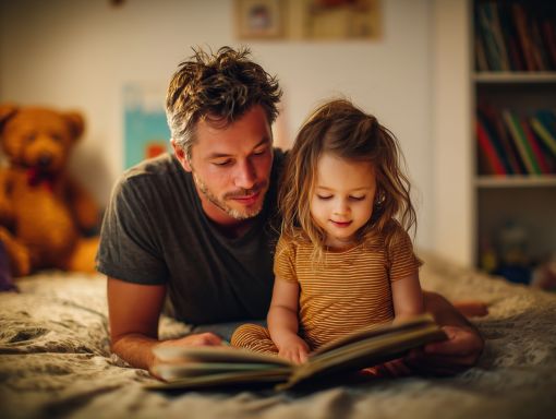 Father and daughter reading a book together at bedtime, the kind of present, regulated parenting the 6-Week Skills Intensive helps you protect